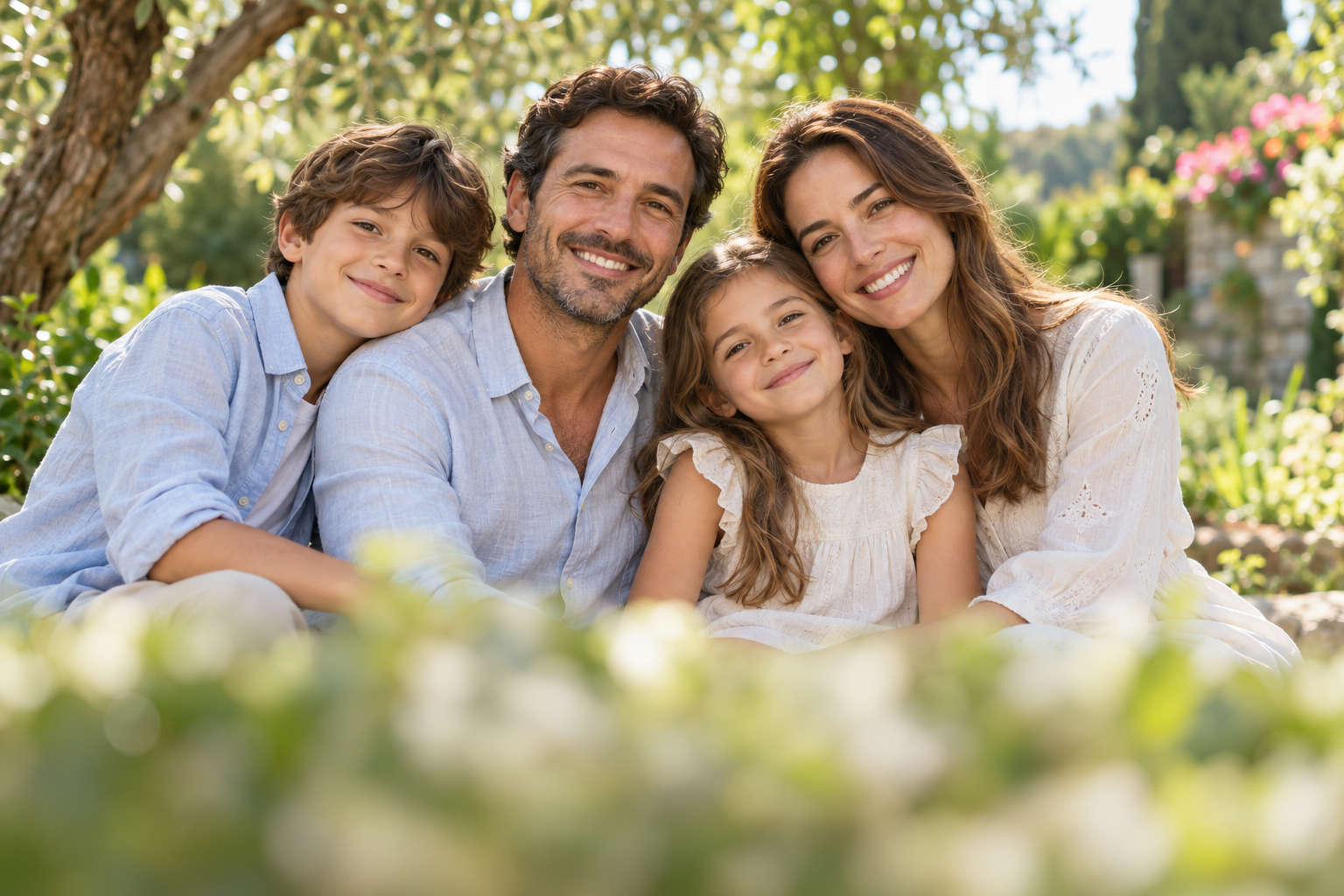 Bahçede birlikte vakit geçiren anne, baba ve iki çocuk